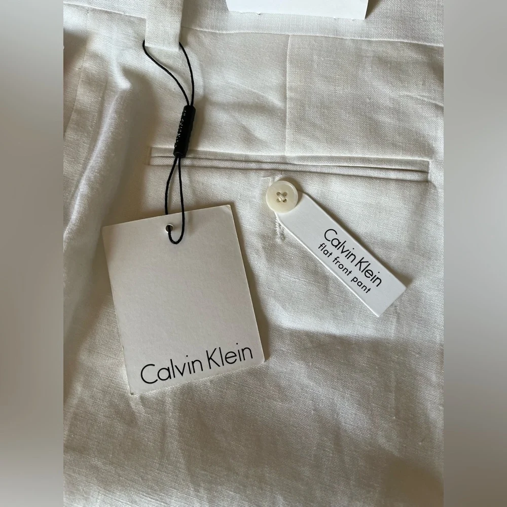 NWT Men’s Calvin Klein Flat Front White Linen Pants Trousers Size 34x30 lined